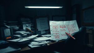 A dark cluttered office desk illuminated by a cold clinical overhead light on the desk a. Brandolini's Law: Spotting Fake Info in Engineering & Design. Algorithms