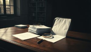 A dimly lit office setting with a large imposing desk in the middle on the desk a stack of. Brandolini's Law: Spotting Fake Info in Engineering & Design. Algorithms