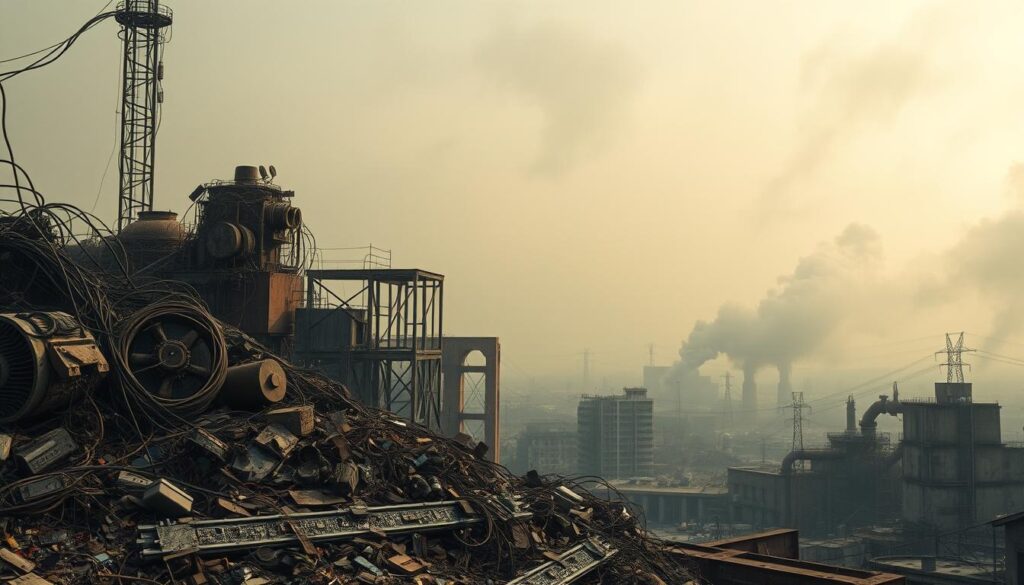 Un complejo paisaje industrial en una atmósfera distópica y brumosa. En primer plano, una maraña de maquinaria abandonada y componentes electrónicos desechados simbolizan los retos de la ingeniería inversa para la sostenibilidad. En el centro, edificios en ruinas e infraestructuras oxidadas que ponen de manifiesto la decadencia y el impacto medioambiental de las prácticas insostenibles. Al fondo, un cielo lleno de niebla tóxica evoca la amenaza del cambio climático. La escena general evoca una sensación de urgencia y la necesidad de abordar los problemas sistémicos que rodean a la ingeniería inversa sostenible.