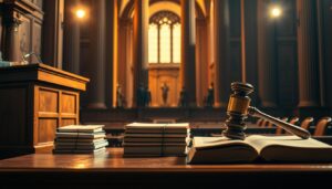 A courtroom scene with a judges podium and witness stand in the foreground bathed in warm - legal and ethics in reverse engineering A courtroom scene with a judge's podium and witness stand in the foreground, bathed in warm, amber lighting. In the middle ground, legal books and documents are stacked neatly on a table, representing the framework of laws and regulations. The background features a backdrop of tall, imposing columns and a cathedral-like architecture, symbolizing the gravity and authority of the legal system. The overall atmosphere conveys a sense of formality, tradition, and the careful consideration of ethical and legal principles in the process of reverse engineering.