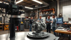A detailed 3D scanning setup in a well-lit, industrial mechanics workshop. In the foreground, a large precision 3D scanner with multiple cameras and lasers scans a complex mechanical part on a turntable. In the middle ground, a team of engineers e xamine the 3D model on a nearby workstation, discussing the reverse engineering process. In the background, various workshop tools, machinery, and technical diagrams provide context. The lighting is a combination of bright overhead lamps and task lighting, casting long shadows and emphasizing the technical details. The overall atmosphere is one of focused, analytical study of the mechanical object.