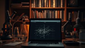 Un'immagine poco illuminata e ad alto contrasto di un'area di lavoro per l'analisi statistica in primo piano a - elencare i 10 test statistici più utilizzati per la qualità e l'ingegneria Immagine poco illuminata e ad alto contrasto di uno spazio di lavoro per l'analisi statistica. In primo piano, un computer portatile visualizza un test Chi-quadro, con i punti dati rappresentati come punti sparsi su una griglia. Intorno al computer portatile, vari strumenti scientifici - un microscopio, un becco Bunsen e piastre di Petri - suggeriscono un ambiente di laboratorio. Sullo sfondo, scaffali con libri di riferimento e riviste accademiche. Un'illuminazione calda e mirata illumina la scena, proiettando ombre drammatiche. L'atmosfera generale evoca uno stato d'animo contemplativo e accademico, adatto all'analisi di dati categorici.
