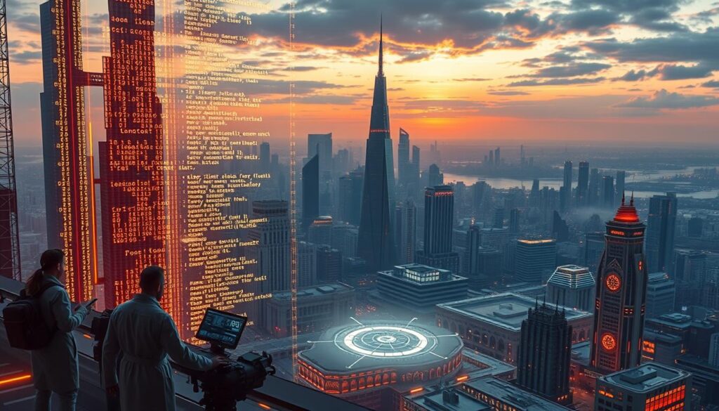 A futuristic cityscape with towering skyscrapers and intricate digital networks. In the foreground, a team of data scientists analyze a complex sorting algorithm, its lines of code illuminating the scene with a warm, neon glow. Hovering holograms display visualizations of the algorithm's efficiency, highlighting the benefits of streamlined data processing. The middle ground features a bustling tech hub, where autonomous systems sort and organize vast troves of information. In the background, a panoramic view of the city skyline, bathed in the soft, diffused light of a sunrise, symbolizing the dawn of a new era of computational prowess.