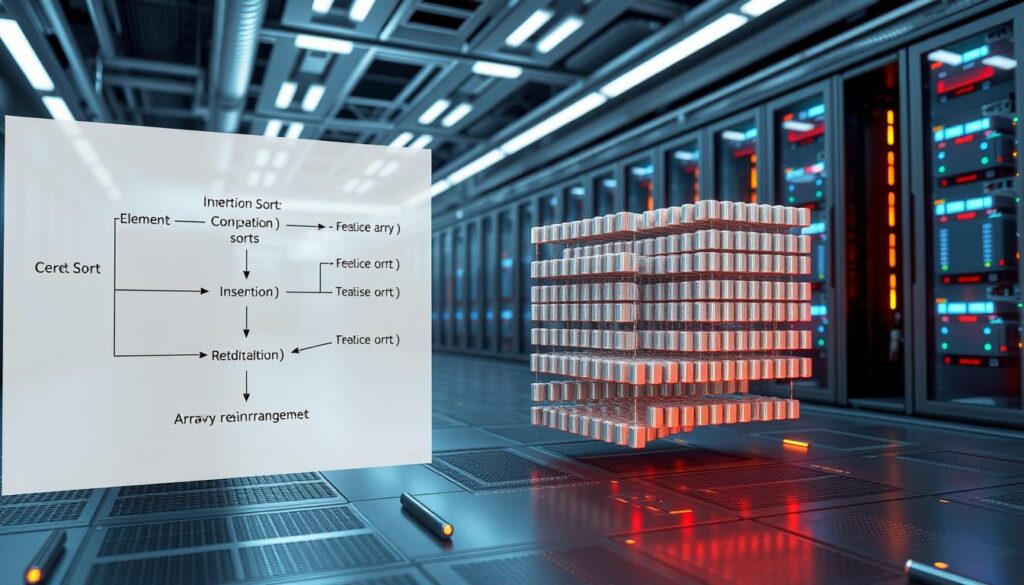 A grand algorithmic visualization of Insertion Sort, rendered in a clean, technical style. In the foreground, a detailed schematic diagram showcases the core steps of the sorting process - element comparison, insertion, and array rearrangement. The midground features a 3D perspective of an array being dynamically transformed, each element moving with precision. The background depicts a futuristic datacenter, with server racks and glowing circuit boards, conveying the computational nature of the task. Illuminated by cool, directional lighting, the scene exudes a sense of order, elegance, and algorithmic beauty.