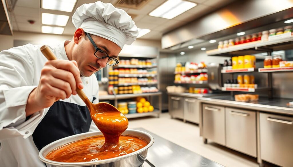 Une grande cuisine commerciale, bien éclairée par un éclairage zénithal chaleureux. Au premier plan, un chef examine méticuleusement une sauce épaissie, en la remuant doucement avec une cuillère en bois. La sauce a une texture brillante et gélatineuse, ce qui indique la présence de polyacrylate de sodium, un additif alimentaire polyvalent utilisé pour améliorer la viscosité, la rétention d'eau et la texture. Au centre, des étagères contenant divers produits alimentaires, dont certains incorporent visiblement le même ingrédient. L'arrière-plan présente des appareils en acier inoxydable, des comptoirs propres et l'activité intense d'une zone professionnelle de préparation des aliments, soulignant l'application généralisée du polyacrylate de sodium dans le paysage culinaire moderne.