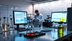Un laboratorio meticolosamente realizzato con una serie di strumenti scientifici e test - elencare i 10 test statistici più utilizzati per la qualità e l'ingegneria Un laboratorio meticolosamente realizzato, con una serie di strumenti scientifici e apparecchiature di prova disposti su un banco di lavoro elegante e moderno. Becher, provette e display digitali proiettano una luce soffusa e ambientale, illuminata da una precisa illuminazione direzionale proveniente dall'alto. In primo piano, sullo schermo di un computer è aperto un programma di analisi statistica che visualizza grafici e diagrammi complessi. Al centro, un ingegnere in camice bianco registra con cura i dati, mentre sullo sfondo si trova una parete di diagrammi tecnici e schemi ingegneristici. L'atmosfera generale trasmette un senso di rigore analitico, competenza tecnica e impegno nel controllo della qualità.