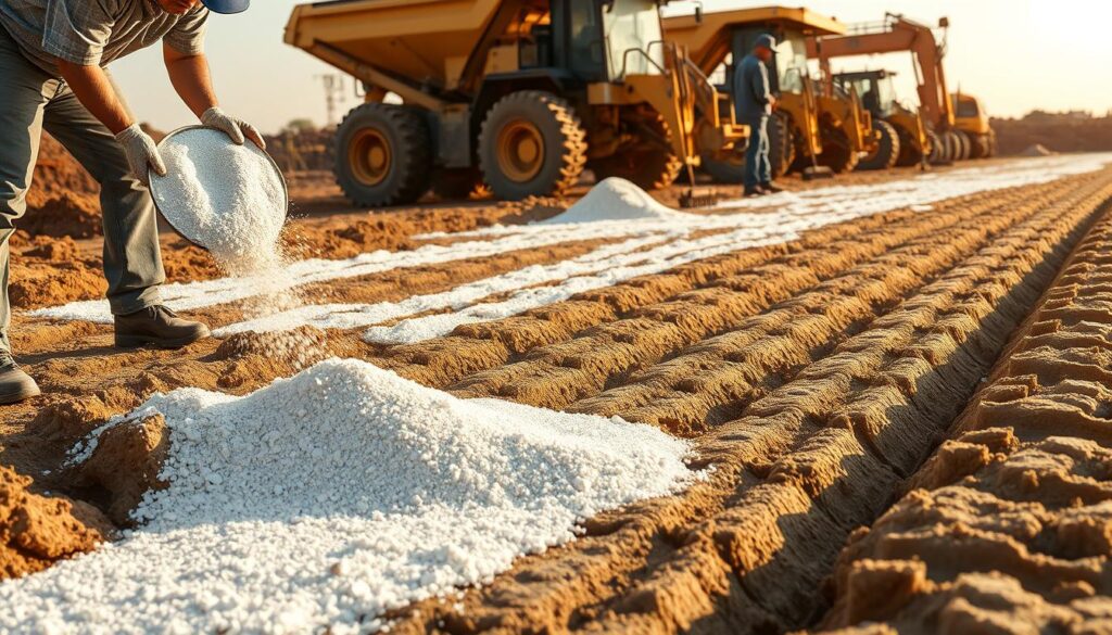 Chantier de construction moderne sur lequel des ouvriers utilisent du polyacrylate de sodium pour stabiliser le sol et améliorer l'absorption de l'eau. Au premier plan, un ouvrier mélange le polymère blanc et granuleux au sol, tandis qu'au milieu, d'autres l'étalent sur le sol à l'aide de râteaux. À l'arrière-plan, de gros véhicules de construction déplacent la terre, leurs semelles laissant de profondes empreintes dans le sol traité. Un éclairage chaud et naturel illumine la scène, projetant de longues ombres et créant un sentiment de productivité et de progrès. L'atmosphère générale traduit les applications pratiques du polyacrylate de sodium dans la construction, où ses propriétés uniques améliorent la stabilité du sol et la gestion de l'eau.