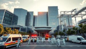 A modern hospital complex stands tall its gleaming glass facade reflecting the suns rays in - Pandemic Reflections: Crucial COVID-19 Lessons Learned A modern hospital complex stands tall, its gleaming glass facade reflecting the sun's rays. In the foreground, healthcare workers in protective gear move swiftly, providing essential care. Ambulances and emergency vehicles line the entrance, ready to respond at a moment's notice. The middle ground features state-of-the-art medical equipment, laboratories, and high-tech monitoring systems, all working in harmony to detect and contain potential outbreaks. In the background, a network of interconnected facilities, research centers, and supply chains seamlessly coordinate pandemic preparedness efforts, their efficiency and resilience a testament to the importance of robust healthcare infrastructure. The scene exudes a sense of order, readiness, and a unwavering commitment to safeguarding public health, even in the face of the most daunting challenges.