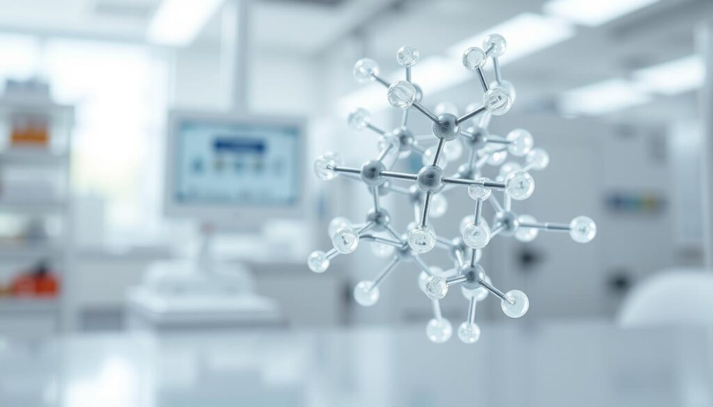 Modèle moléculaire de polyacrylate de sodium, composé de monomères répétés d'acrylate de sodium. La structure est représentée au premier plan, avec en arrière-plan un laboratoire propre et lumineux. Le modèle met en évidence les longues chaînes linéaires caractéristiques du polymère, les ions sodium étant répartis uniformément le long de l'épine dorsale. Un éclairage doux et diffus met en évidence l'aspect translucide et cristallin du matériau, traduisant ses propriétés d'absorption de l'eau et de super-absorption. La scène est capturée à l'aide d'un objectif haute résolution en gros plan, mettant en valeur les détails complexes de la structure moléculaire.