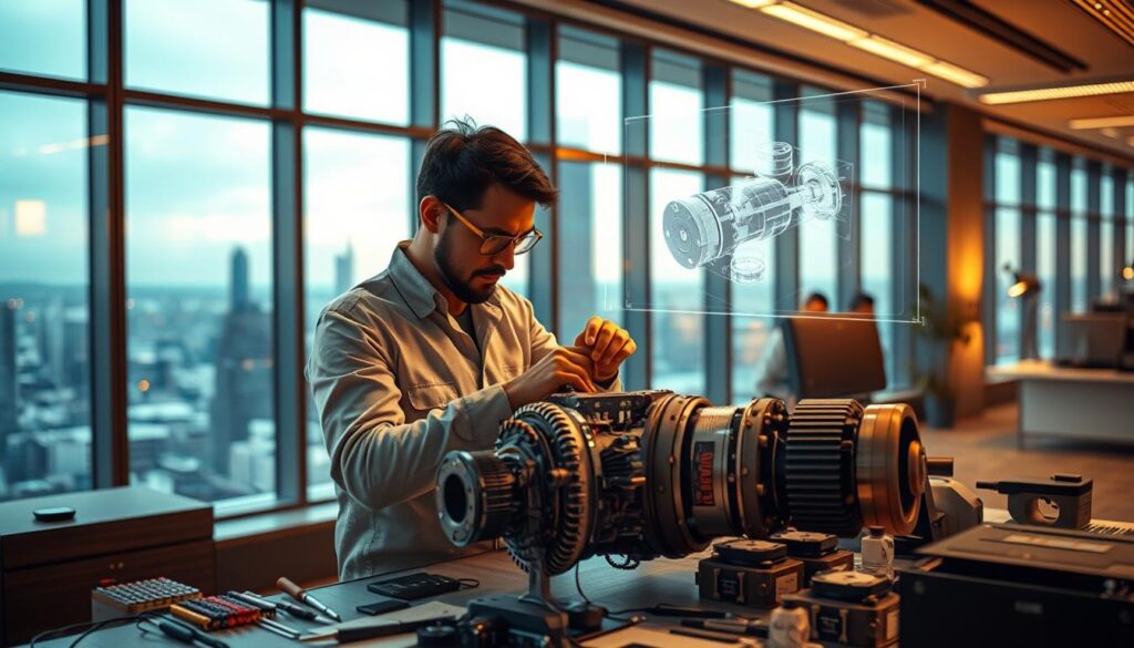 Un interior de oficina moderno y elegante, con ventanales que van del suelo al techo y vistas a un bullicioso paisaje urbano. En primer plano, un ingeniero desmonta meticulosamente un complejo dispositivo mecánico y estudia detenidamente su funcionamiento interno. En el centro, una serie de herramientas de alta tecnología y equipos de diagnóstico aluden al avanzado proceso de ingeniería inversa. Al fondo, una pantalla holográfica proyecta un modelo en 3D del dispositivo, revelando su intrincado diseño y ofreciendo información sobre su funcionalidad. Una cálida iluminación ambiental crea una atmósfera contemplativa que subraya el reto intelectual y los beneficios de la ingeniería inversa.