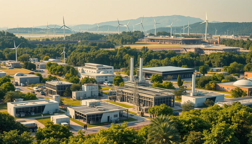 Un extenso parque ecoindustrial con elegantes fábricas sostenibles enclavadas en medio de una exuberante vegetación. Los laboratorios de ingeniería inversa de vanguardia ocupan el primer plano, atendidos por equipos de diligentes ingenieros que examinan productos desmontados. El centro de atención es una instalación de impresión 3D de última generación que produce piezas de repuesto y componentes reutilizados. Al fondo, una red de fuentes de energía renovables alimenta todo el complejo: turbinas eólicas, paneles solares y presas hidroeléctricas se integran perfectamente en el paisaje. La escena está bañada por una iluminación cálida y difusa que transmite una sensación de innovación decidida y armonía medioambiental.