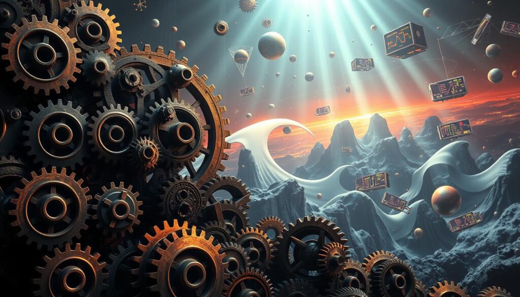 A surreal, highly detailed illustration contrasting comparison-based and non-comparison-based sorting algorithms. In the foreground, intricate gears and cogs symbolize the mechanics of comparison-based sorts like Quicksort and Mergesort, while in the middle ground, smooth flowing lines and geometric shapes represent the conceptual nature of non-comparison-based algorithms like Radix Sort and Counting Sort. The background features a dreamlike, futuristic landscape with floating data structures and abstract visual elements, creating a sense of wonder and complexity. The lighting is dramatic, with beams of light cutting through the scene, emphasizing the technical depth and elegance of the two primary categories of sorting techniques.