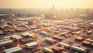 Una vasta rete interconnessa di magazzini, camion e centri di distribuzione sullo sfondo di un vivace skyline cittadino. In primo piano, una complessa rete di catene di approvvigionamento e processi logistici, evidenziati da intricate visualizzazioni di dati e cruscotti digitali. La scena è immersa in una luce calda e dorata, che trasmette un senso di efficienza e ottimizzazione. Linee e frecce incrociate rappresentano il flusso di merci, informazioni e risorse, mentre la città al di là suggerisce l'impatto di vasta portata della gestione della catena di approvvigionamento sull'economia e sul paesaggio urbano in generale. La composizione complessiva enfatizza la scala, la complessità e l'innovazione tecnologica che definiscono le moderne operazioni della supply chain.