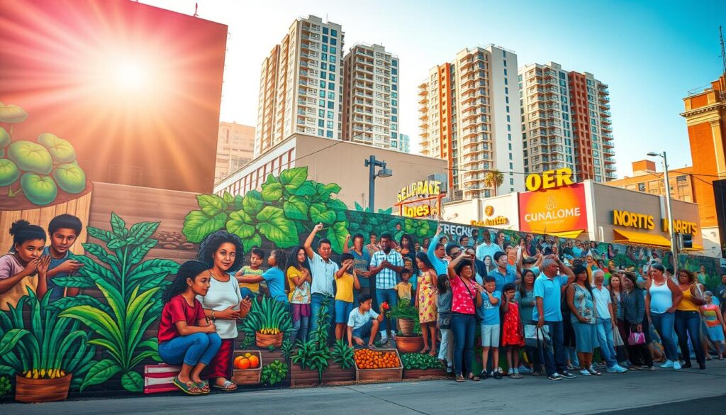 A vibrant community mural bathed in warm afternoon light depicting scenes of solidarity and - Pandemic Reflections: Crucial COVID-19 Lessons Learned A vibrant community mural, bathed in warm afternoon light, depicting scenes of solidarity and resilience during challenging times. In the foreground, neighbors of diverse backgrounds gather around a communal garden, tending to lush greenery and sharing a harvest. The middle ground showcases a bustling street corner, with local businesses and organizations rallying to support one another. In the background, towering buildings stand strong, their windows reflecting the unity and determination of the people within. The overall mood is one of hope, resilience, and the power of community to overcome adversity.