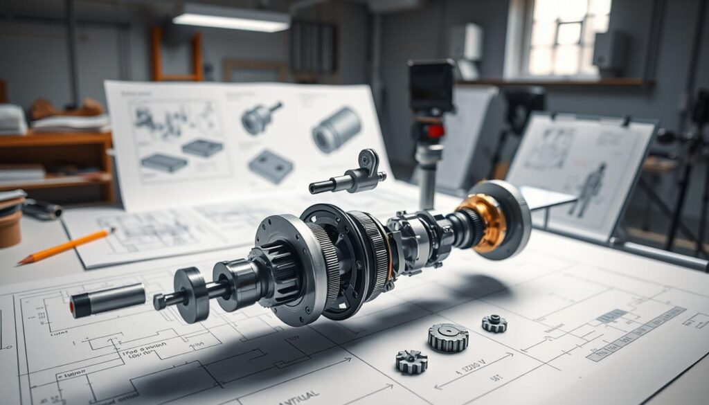 Ein gut beleuchteter, sehr detaillierter Schaltplan des Maschinenbaus, der die Austauschbarkeit von Komponenten verdeutlicht. Im Vordergrund eine Explosionszeichnung einer mechanischen Baugruppe mit Teilen und Unterbaugruppen, die so positioniert sind, dass ihr modularer Aufbau und ihre leichte Austauschbarkeit deutlich werden. Im Mittelgrund sind technische Zeichnungen und CAD-Modelle der einzelnen Komponenten zu sehen, die deren genaue Abmessungen und Toleranzen verdeutlichen. Im Hintergrund ein sauberer, minimalistischer Arbeitsbereich mit technischen Werkzeugen und Geräten, der ein Gefühl von Professionalität und Liebe zum Detail vermittelt. Die Gesamtszene sollte eine Stimmung der durchdachten Analyse, strengen Bewertung und des Engagements für die Optimierung von Form, Passform und Funktion hervorrufen.