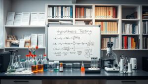 Un ambiente di laboratorio ben illuminato con una scrivania su cui sono esposti vari strumenti scientifici - elencare i 10 test statistici più utilizzati per la qualità e l'ingegneria Un ambiente di laboratorio ben illuminato, con una scrivania che espone varie attrezzature scientifiche: becher, pipette e un microscopio. Al centro, una lavagna mostra un chiaro processo di verifica delle ipotesi passo dopo passo, con equazioni e diagrammi che ne spiegano i fondamenti. Sullo sfondo si trova uno scaffale pieno di manuali tecnici e letteratura specifica del settore, che trasmette un'atmosfera di rigore accademico e attenzione ai dettagli. L'atmosfera generale è quella dell'indagine scientifica e della risoluzione dei problemi, con un'attenzione particolare all'approccio sistematico al controllo di qualità.