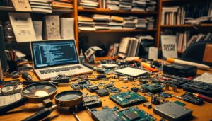A workbench cluttered with disassembled electronics microchips and various tools the - reverse engineering in software A workbench cluttered with disassembled electronics, microchips, and various tools. The foreground shows a magnifying glass, screwdrivers, and an open circuit board, suggesting an in-depth examination. The middle ground features a laptop displaying schematics and code snippets, hinting at software analysis. In the background, shelves filled with reference books, technical manuals, and an array of electronic components create a sense of a dedicated reverse engineering workspace. Warm, focused lighting illuminates the scene, creating an atmosphere of intense study and inquiry.