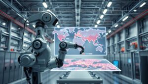 Prompt Un'immagine altamente dettagliata e fotorealistica di un sistema robotico che risolve il problema del commesso viaggiatore. In primo piano, un elegante braccio robotico industriale calcola meticolosamente il percorso ottimale, con movimenti precisi ed efficienti. Il robot è circondato da una complessa rete di sensori e telecamere che monitorano meticolosamente l'ambiente. Al centro, una visualizzazione 3D di una mappa, con città e punti di consegna rappresentati come nodi e il percorso ottimale evidenziato con colori vivaci. Lo sfondo è un ambiente industriale moderno e pulito, con soffitti alti, superfici metalliche lucenti e il debole bagliore di schermi e display. L'illuminazione è luminosa e direzionale, creando ombre e luci nette che enfatizzano la complessità tecnologica della scena. L'atmosfera generale è quella di un'automazione sofisticata, con il sistema di robot che ottimizza senza problemi la logistica e il trasporto.