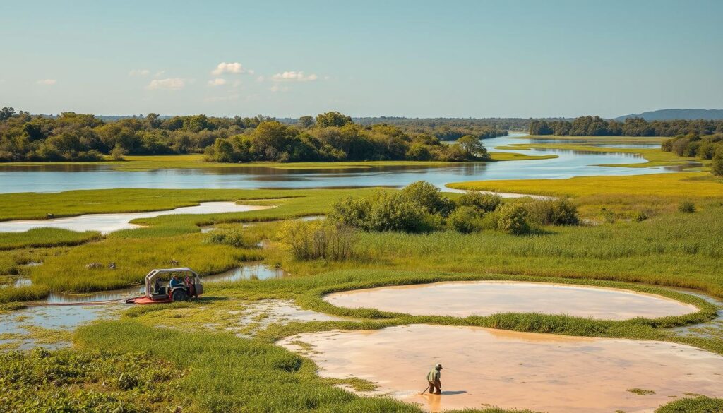 Prompt Un vaste paysage de zone humide luxuriante avec une rivière qui coule doucement et qui se reflète dans le ciel clair. Au premier plan, une équipe de spécialistes de l'environnement travaille avec diligence, utilisant des équipements et des machines spécialisés pour extraire et purifier l'eau contaminée par des polluants industriels. De vastes bassins de gel de polyacrylate de sodium s'intercalent dans la scène, jouant le rôle d'absorbants et de systèmes de filtration. Au centre de la scène, des arbres verdoyants et imposants et une faune prospère témoignent de la réussite des efforts d'assainissement. Un éclairage doux et diffus illumine la scène, transmettant un sentiment de tranquillité et de restauration de l'environnement. L'atmosphère générale évoque un équilibre harmonieux entre l'intervention humaine et le rajeunissement naturel.