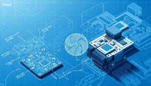 Steps in the reverse engineering process a meticulously rendered blueprint style illustration - reverse engineering in electronic hardware Steps in the Reverse Engineering Process: A meticulously rendered blueprint-style illustration showcasing the key stages of reverse engineering electronic hardware. In the foreground, a schematic diagram outlines the systematic disassembly of a circuit board, with callouts detailing each step. In the middle ground, high-magnification microscope views reveal the intricate inner workings, traces, and components. In the background, a technical drawing-inspired perspective highlights the overall hardware design, captured from a precise isometric angle under cool, directional lighting that casts sharp shadows, emphasizing the depth and contours of the subject.