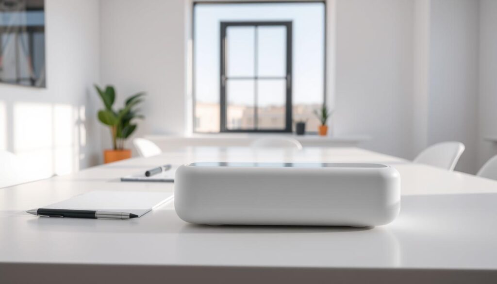 A minimalist product design workspace with clean lines and a focus on simplicity. In the foreground, a sleek, modern product with a smooth, uncluttered surface rests on a white table, illuminated by soft, natural lighting from a large window in the background. The middle ground features a few essential design tools, such as a sketchpad and a pen, neatly arranged on the table. The background is a bright, airy space with white walls, creating a sense of openness and clarity, emphasizing the KISS (Keep It Simple, Stupid) principle in product design.