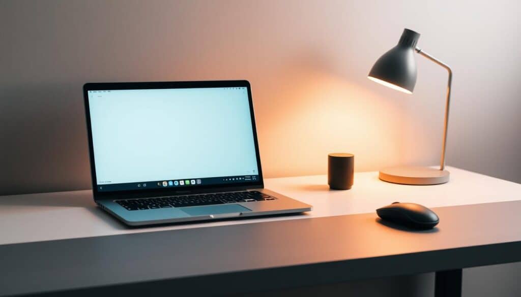 A sleek, minimalist desktop setup with a laptop, a wireless mouse, and a simple yet elegant lamp. The laptop screen displays a clean, user-friendly interface with intuitive icons and seamless navigation. Soft, diffused lighting casts a warm glow, creating a calm and focused atmosphere. The background is a muted, neutral color palette, allowing the products to take center stage. The overall scene conveys a sense of simplicity, efficiency, and enhanced user experience through thoughtful, uncluttered design.