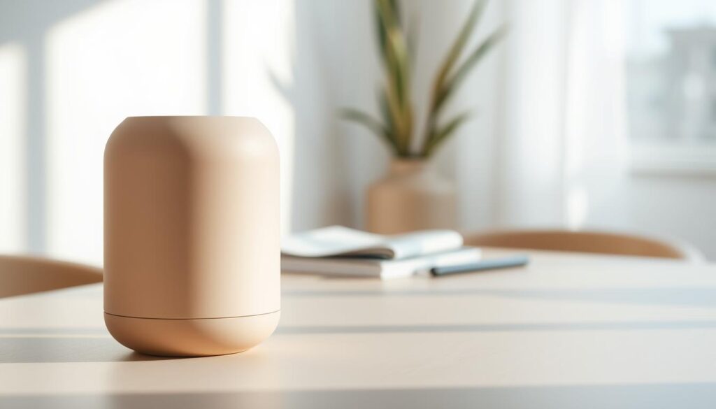 A sleek, minimalist product design in a natural, well-lit environment. The foreground features a simple, elegant object with clean lines and a muted color palette, showcasing a balance of form and function. The middle ground depicts a minimalist workspace or table setting, with subtle textures and neutrals that complement the product. The background is a serene, softly-lit space, perhaps with natural elements like plants or natural wood, conveying a sense of balance and tranquility. The overall mood is one of understated sophistication, where the product's simplicity and thoughtful design are the true stars.