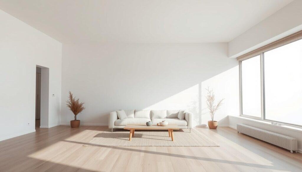 a minimalist, modern interior space with clean lines, natural materials, and neutral tones. A large, uncluttered window dominates the foreground, allowing natural light to flood the room. The middle ground features a simple, low-profile sofa and a minimalist coffee table, with a few carefully curated decor pieces. The background showcases a bare, white wall, creating a sense of tranquility and focus. The entire scene is captured with a wide-angle lens, emphasizing the open, airy feel of the space. The lighting is soft and diffused, creating a serene and contemplative atmosphere that embodies the essence of minimalist design.