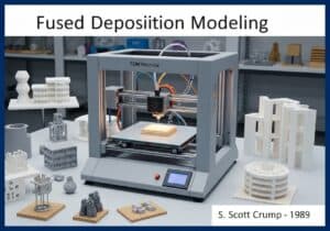 3D printer demonstrating Fused Deposition Modeling in an industrial workspace.