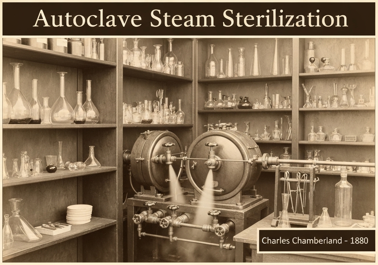 Antique autoclave used for steam sterilization in applied microbiology.