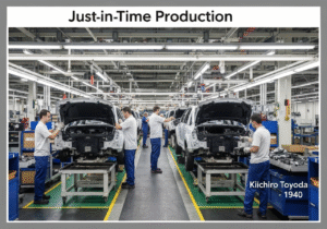 Automotive assembly line demonstrating Just-in-Time production efficiency in industrial engineering.