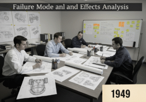 Engineers conducting Failure Mode and Effects Analysis in automotive design.