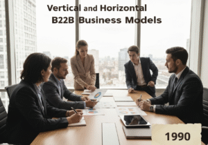 Business strategists discussing vertical and horizontal B2B models in an office.