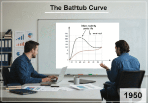 Graphique de la courbe en baignoire dans un bureau d'ingénierie des systèmes illustrant les phases de la vie d'un produit.