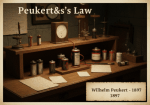 Vintage laboratory with battery testing equipment illustrating Peukert's Law in electrical engineering.