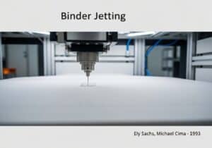 Binder jetting machine applying binding agent in additive manufacturing.