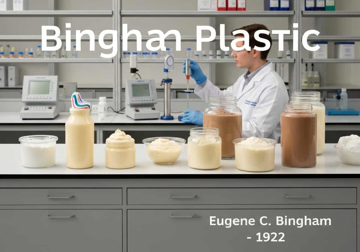 Laborszene mit Bingham-Kunststoffmaterialien und Viskositätsprüfgeräten.