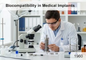 Biomedical engineer examining titanium medical implant for biocompatibility in laboratory.