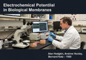 Biophysicist studying electrochemical potential in cell membranes with laboratory equipment.