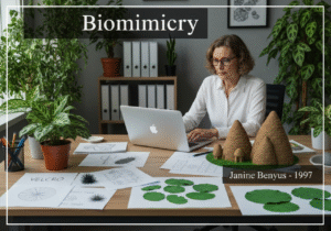 Biomimicry workspace with designs inspired by nature for sustainable solutions.