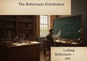 Physicist analyzing Boltzmann Distribution equations in a vintage laboratory setting.