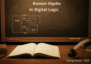 Wooden desk with ledger, quill, and chalkboard showing Boolean algebra logic gates.