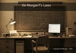 Digital circuit design workspace showcasing De Morgan's Laws in Boolean algebra.