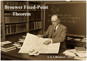 Mathematician demonstrating Brouwer Fixed-Point Theorem with a crumpled map in an office.
