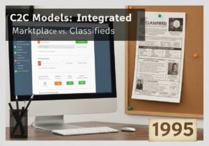 Office scene with online marketplace interface and printed classified ad, Business Administration.
