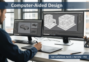 Computer workstation with CAD software displaying 3D architectural and automotive designs.