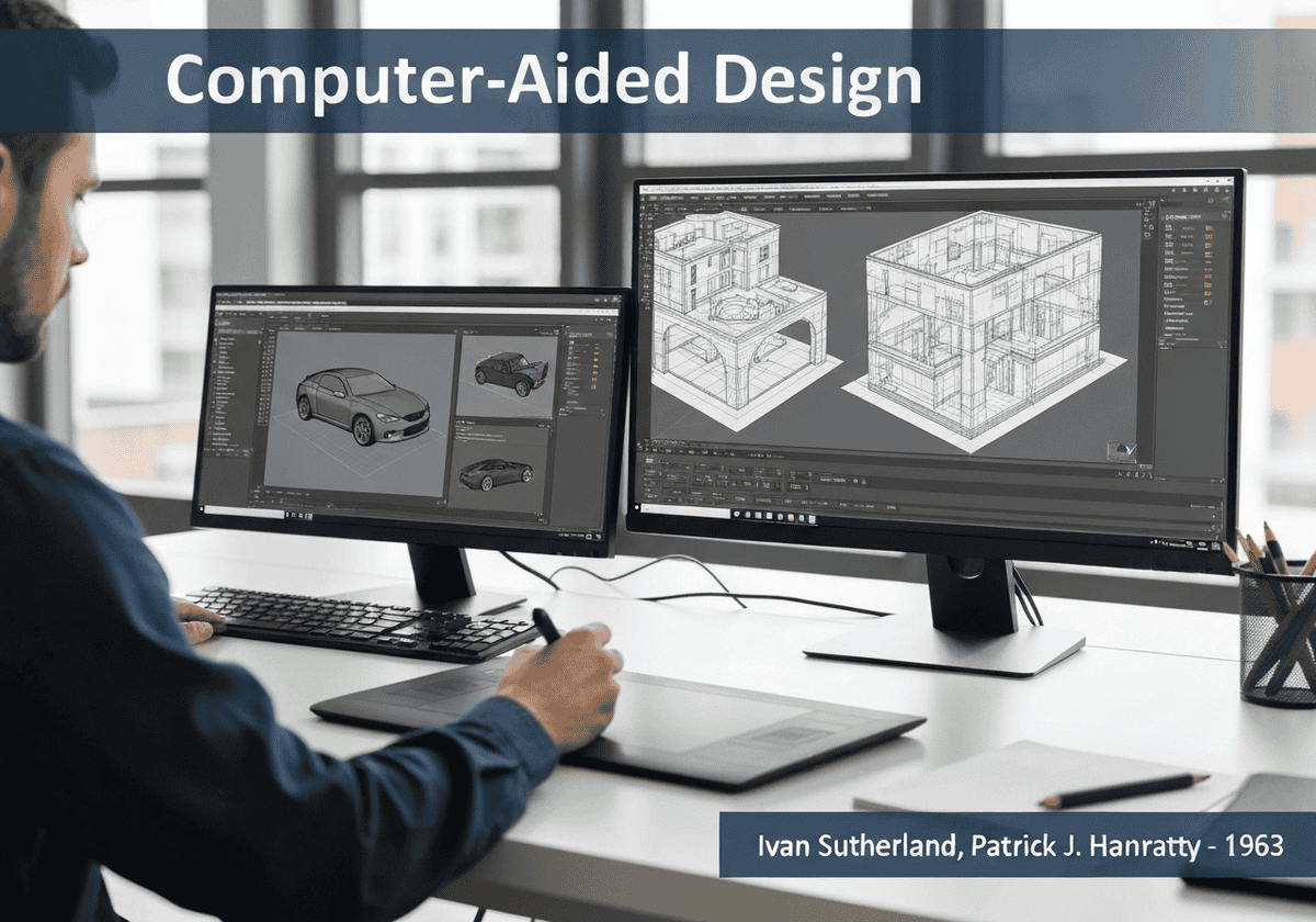 محطة عمل حاسوبية مزودة ببرنامج CAD يعرض تصاميم معمارية ثلاثية الأبعاد وتصميمات السيارات.