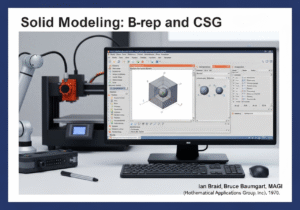 CAD workstation displaying solid modeling techniques B-rep and CSG with geometric shapes.