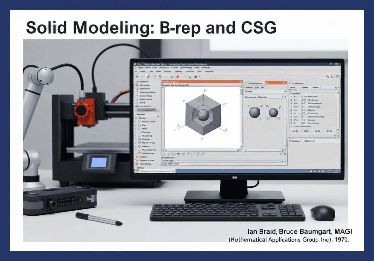 محطة عمل CAD التي تعرض تقنيات النمذجة الصلبة B-rep وCSG بأشكال هندسية.