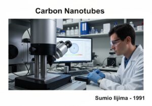 Researcher manipulating carbon nanotubes with atomic force microscope in materials science lab.